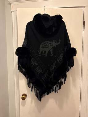 Ace Fashion Black Elephant Knit Poncho with Faux Fur Trim and Fringe